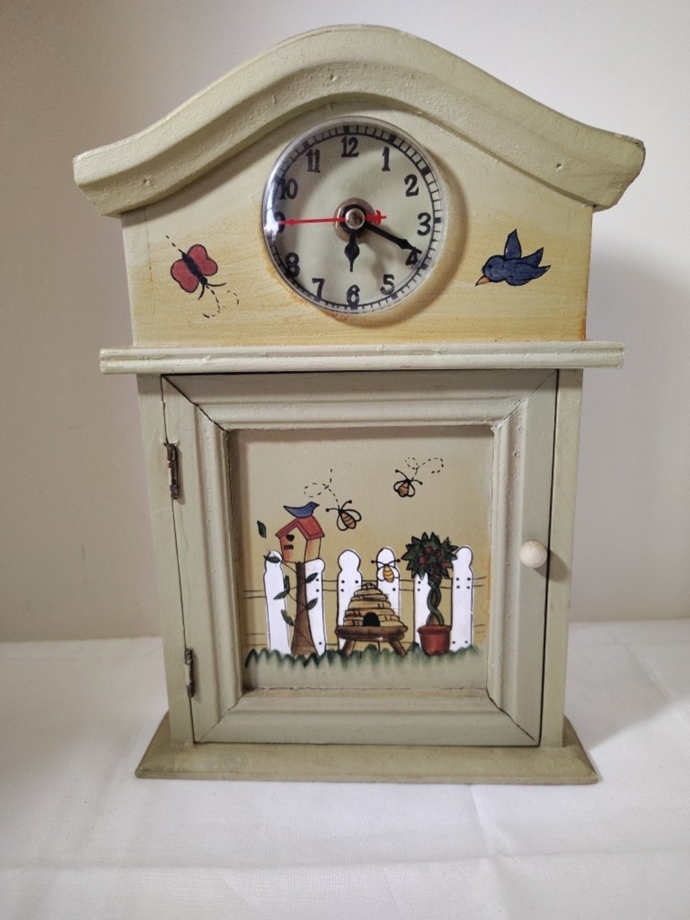Hand-Painted Green Wooden Wall Clock Cabinet Key Rack